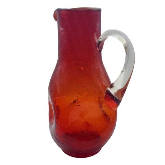 Vintage MCM Hand Blown Red Crackle Glass Pinched Pitcher Applied Clear Handle - Picture 4 of 11